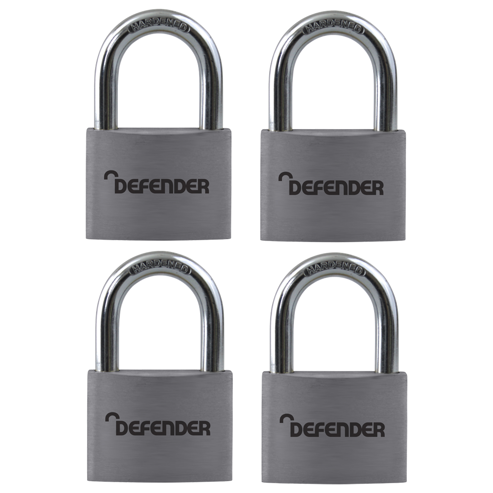 DEFENDER Aluminium Open Shackle Padlock 40mm Keyed Alike 4 Pack - Silver