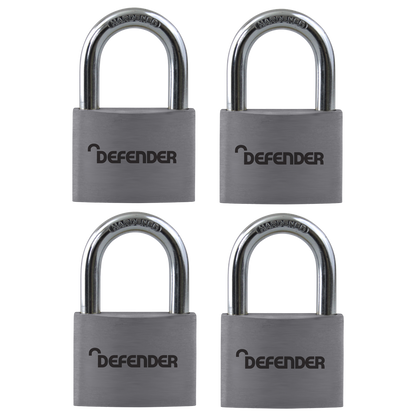 DEFENDER Aluminium Open Shackle Padlock 40mm Keyed Alike 4 Pack - Silver