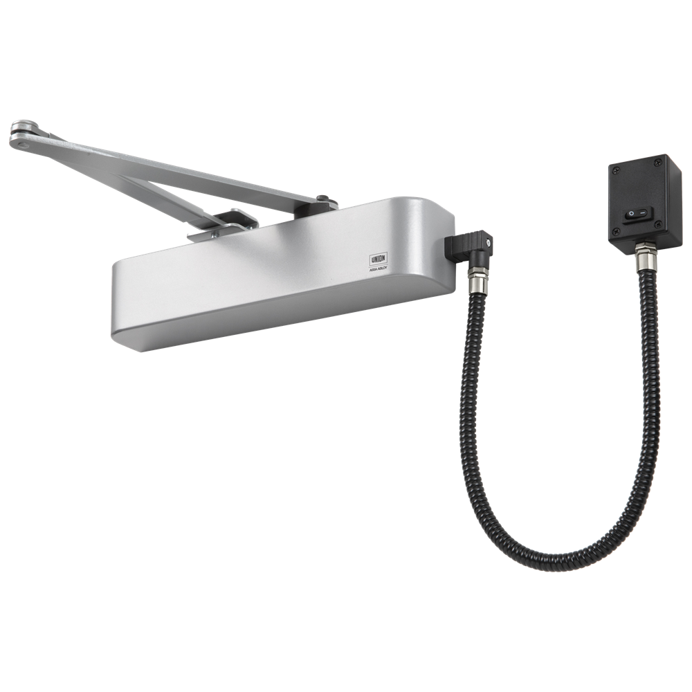 UNION CE4F-E Size 4 Electromagnetic Overhead Door Closer With Swing Free Or Hold Open Facility Silver