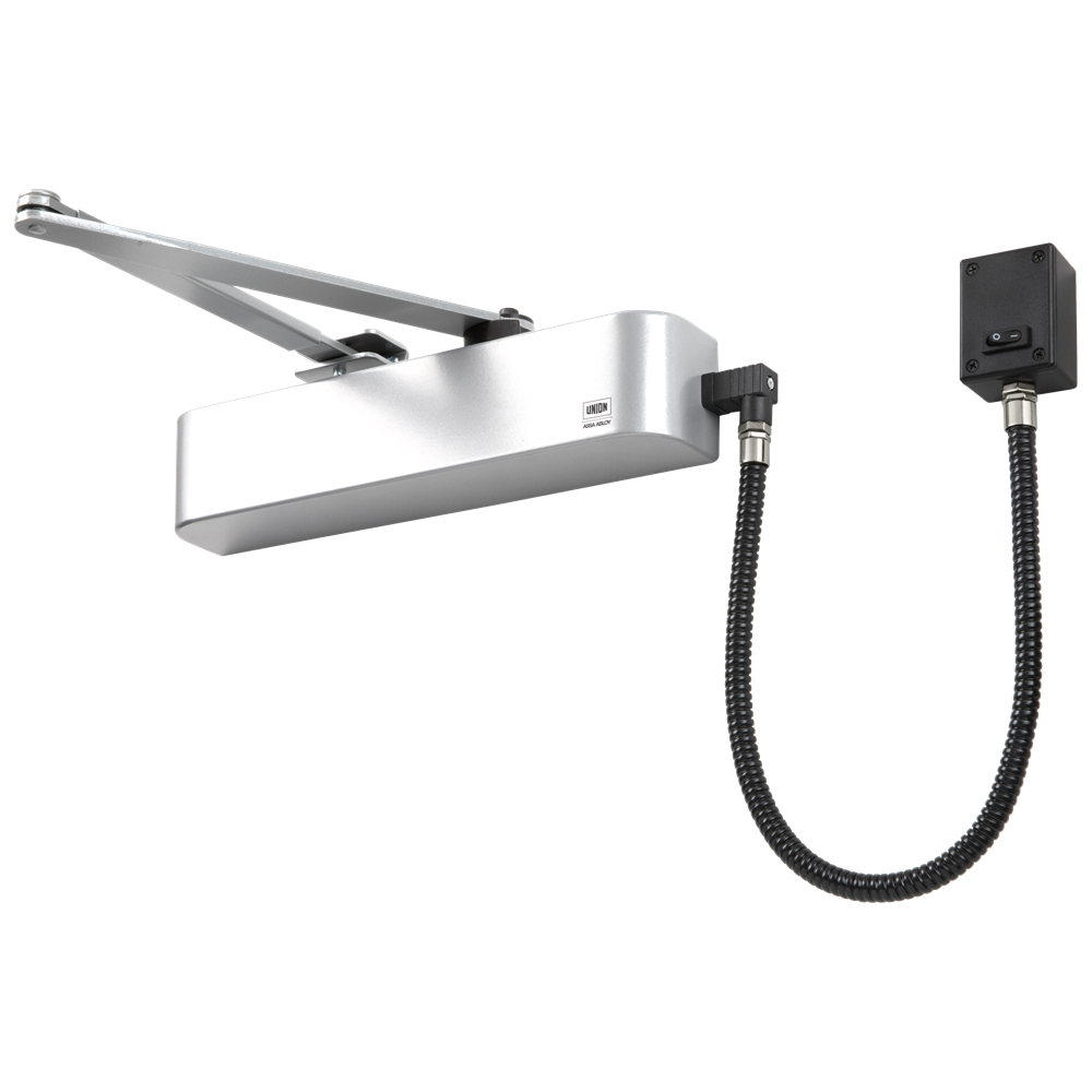 UNION CE4F-E Size 4 Electromagnetic Overhead Door Closer With Swing Free Or Hold Open Facility Satin Stainless Steel