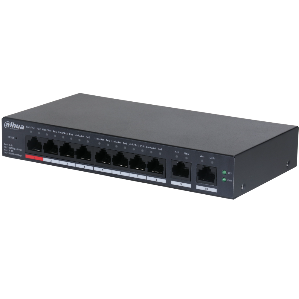 DAHUA Network Switch 10 Ports (8 x PoE) Cloud Management Via Dolynk CS4010-8ET-110 8 x PoE Ports - Black