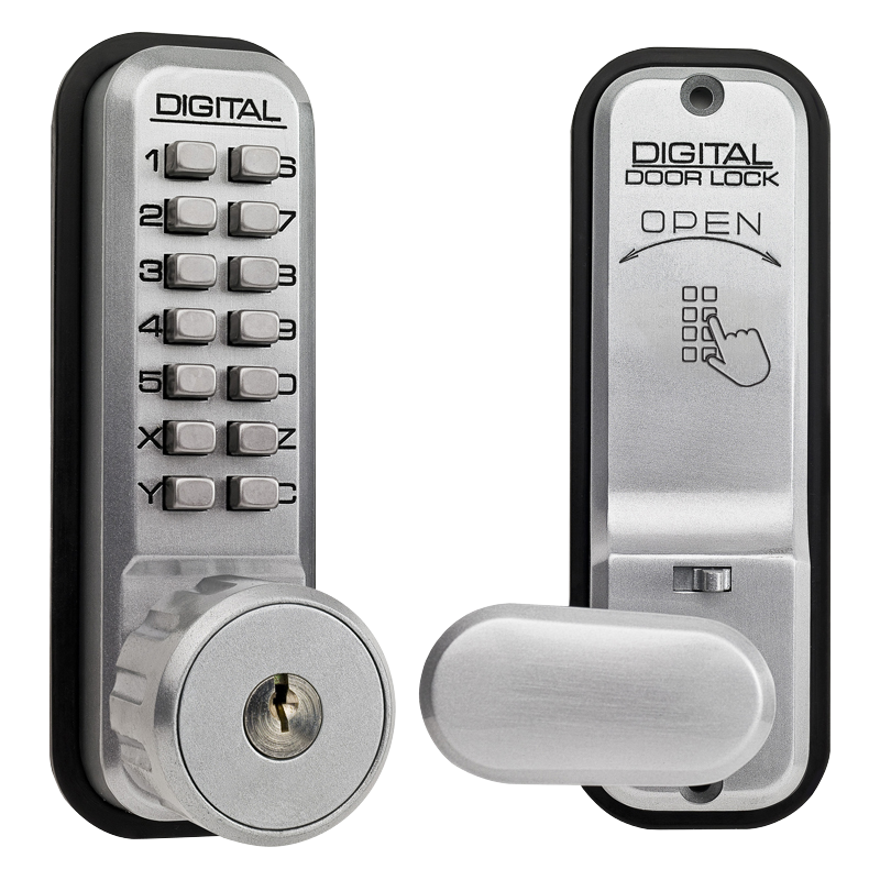 LOCKEY 2435K Series Digital Lock With Key Override & Holdback Satin Chrome