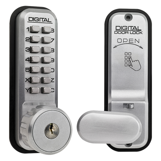 LOCKEY 2435K Series Digital Lock With Key Override & Holdback Satin Chrome