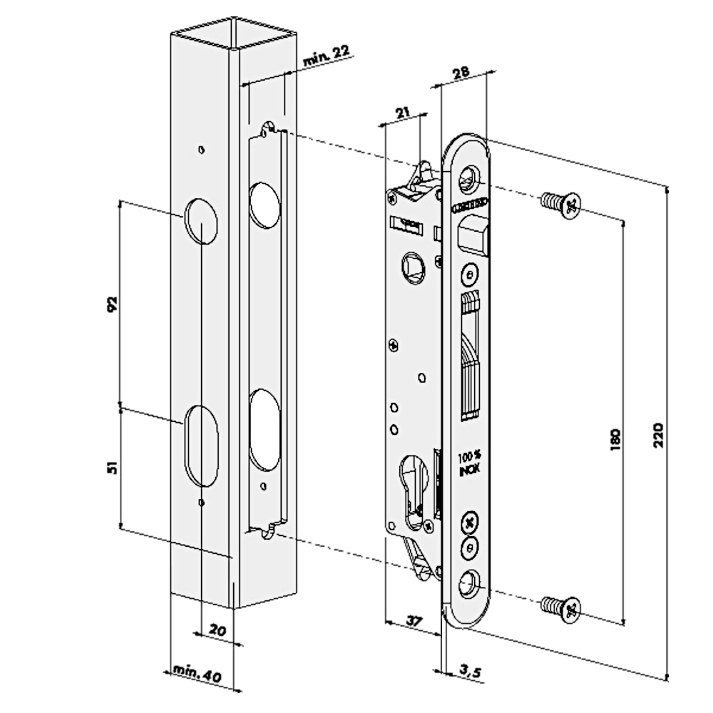 LOCINOX Gatelock Fortylock Insert Set with Keep For 40mm Box Section SAA