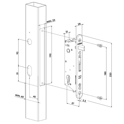 LOCINOX Gatelock Sixtylock Insert Set with Keep For 60mm Box Section Black