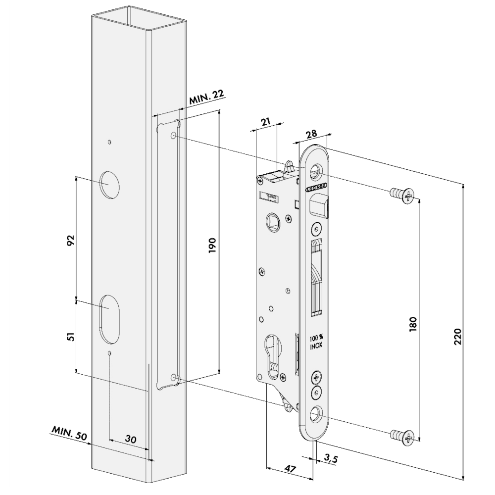 LOCINOX Gatelock Fiftylock Insert Set with Keep For 50mm Box Section Black