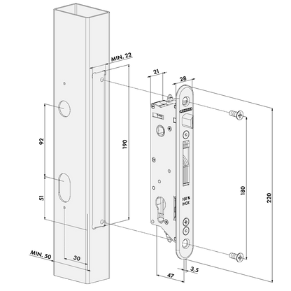 LOCINOX Gatelock Fiftylock Insert Set with Keep For 50mm Box Section Black