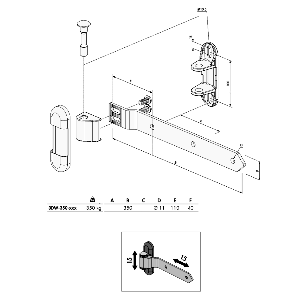 LOCINOX 3DW 350 Vandal Proof Gate Hinge With 3 Way Adjustment