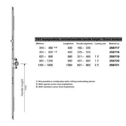 ROTO NT Espagnolette 15mm Backset With Centred/Variable Handle Height