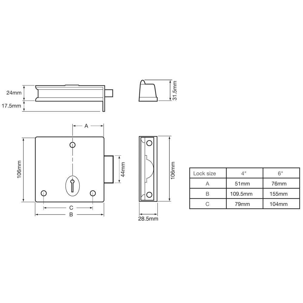 UNION 1139 3 Lever Rim Deadlock