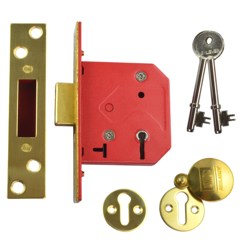UNION 2101 5 Lever Deadlock 64mm Keyed To Differ Pro - Polished Lacquered Brass