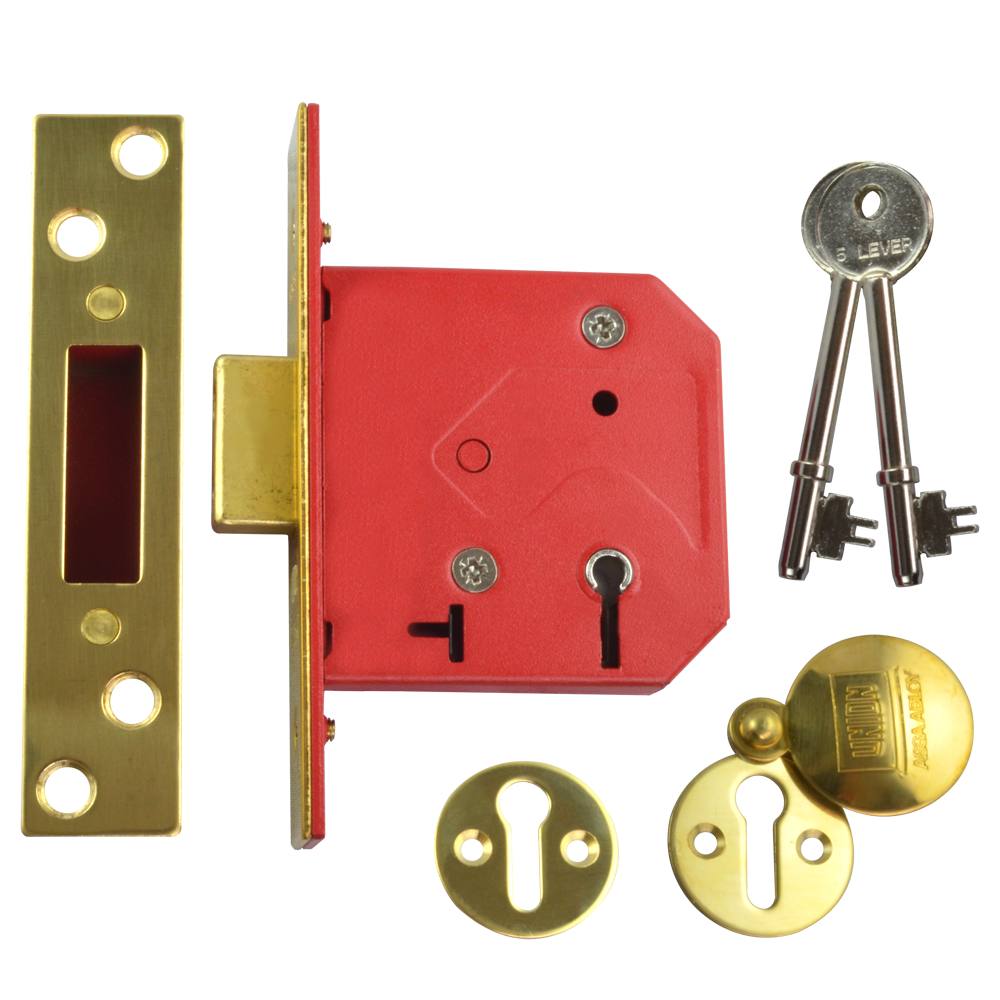 UNION 2101 5 Lever Deadlock 75mm Keyed To Differ Pro - Polished Lacquered Brass