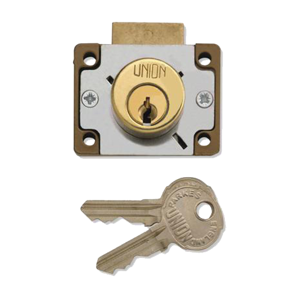 UNION 4148 Cylinder Springbolt Cupboard Till Lock 44mm Keyed To Differ - Polished Lacquered Brass