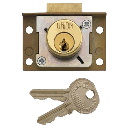 UNION 4138 Cylinder Springbolt Cupboard Till Lock 50mm Keyed To Differ - Polished Lacquered Brass