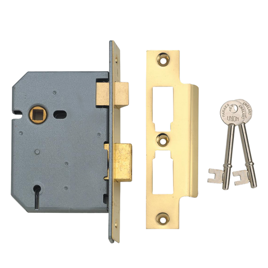 UNION 2277 3 Lever Sashlock 75mm Keyed To Differ - Polished Lacquered Brass