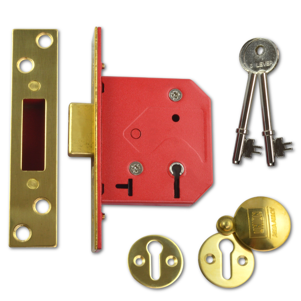UNION 2101 5 Lever Deadlock 64mm Keyed Alike - Polished Lacquered Brass