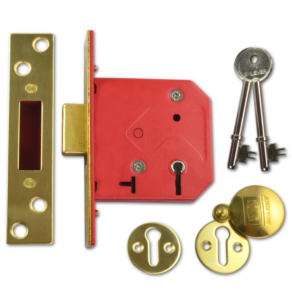 UNION 2101 5 Lever Deadlock 75mm Keyed Alike - Polished Lacquered Brass