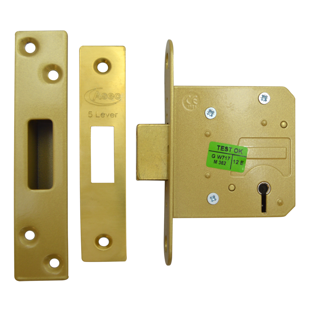 ASEC 5 Lever Deadlock 64mm Keyed To Differ - Polished Brass