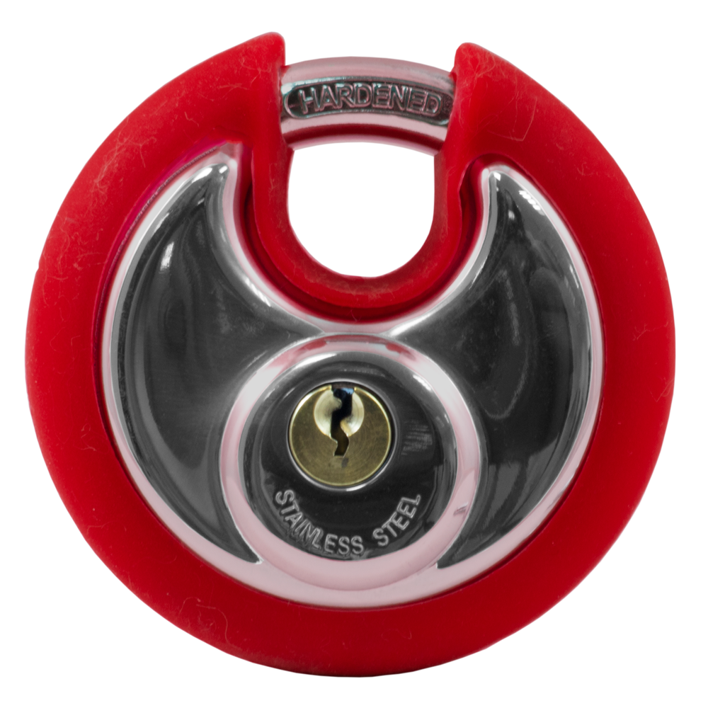 Asec Coloured Discus Padlock Red Bumper - Chrome Plated - Red Bumper