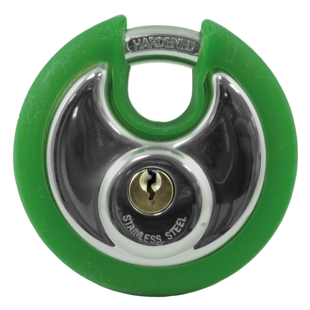 Asec Coloured Discus Padlock Green Bumper - Chrome Plated - Green Bumper