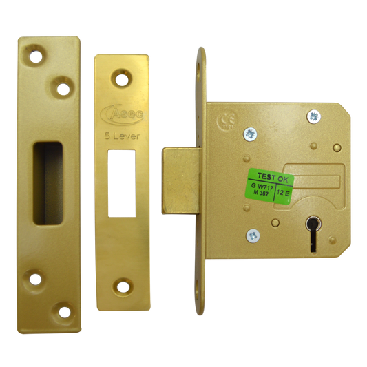 ASEC 5 Lever Deadlock 64mm Keyed To Differ Pro - Polished Brass