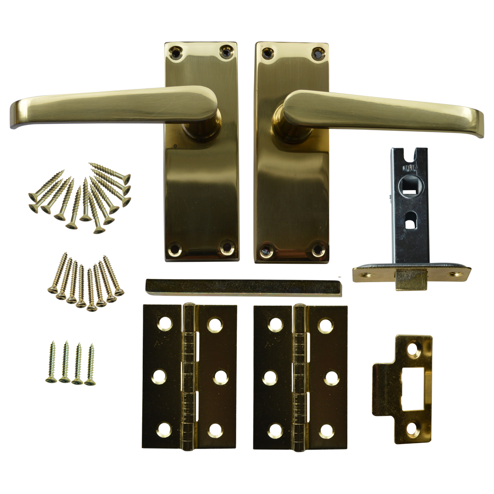 ASEC 63mm Victorian Flat Mortice Latch Door Handle Pack with Butt Hinges Polished Brass