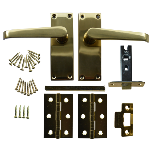 ASEC 63mm Victorian Flat Mortice Latch Door Handle Pack with Butt Hinges Polished Brass