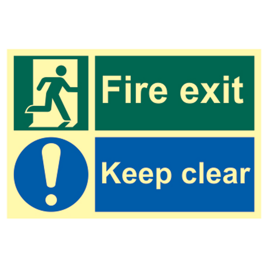 ASEC Fire Escape Keep Clear Sign Photoluminescent 300mm x 200mm 300mm x 200mm - Photoluminescent
