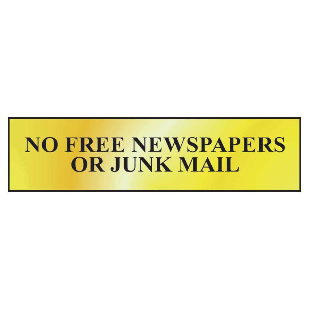 ASEC No Free Newspapers or Junk Mail 200mm x 50mm Metal Strip Self Adhesive Sign Gold