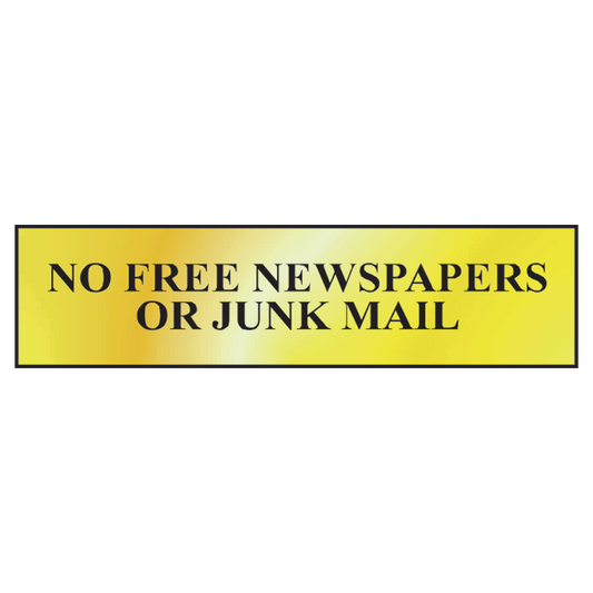 ASEC No Free Newspapers or Junk Mail 200mm x 50mm Metal Strip Self Adhesive Sign Gold