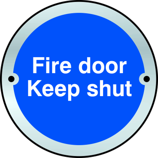 ASEC Fire door Keep shut Disc Sign 75mm Satin Anodised Aluminium - Blue & White with Satin Anodised Aluminium Border