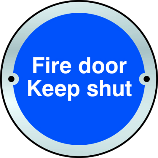 ASEC Fire door Keep shut Disc Sign 75mm Satin Anodised Aluminium - Blue & White with Satin Anodised Aluminium Border