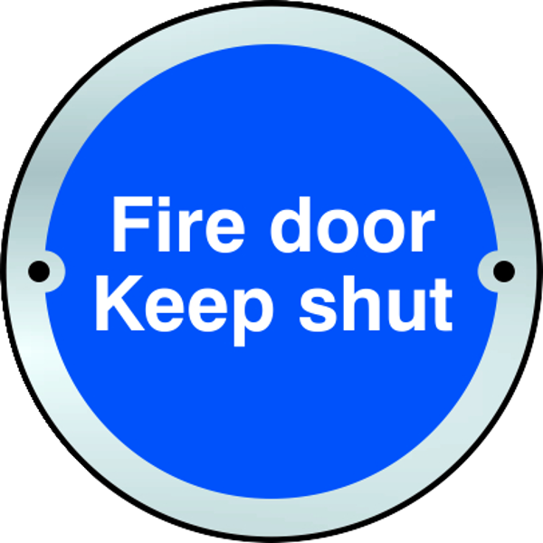 ASEC Fire door Keep shut Disc Sign 75mm Blue & White with Stainless Steel Border