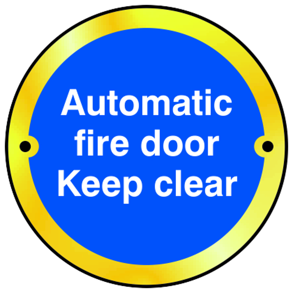 ASEC Sign Automatic Fire Door Keep Clear 75mm Polished Brass - Blue & White