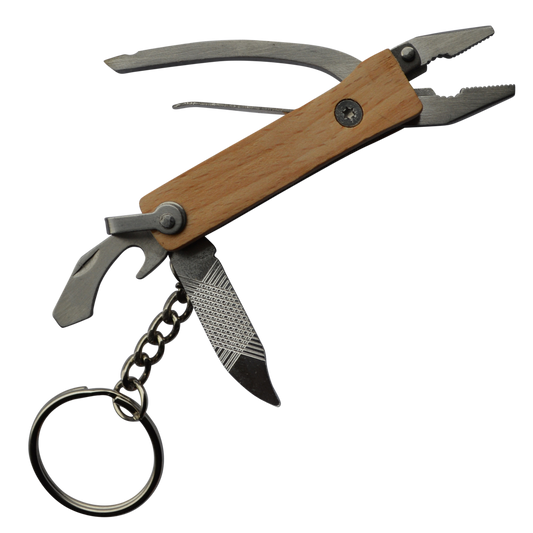 ASEC Mini Multipurpose Pliers Key Ring 6 Per Card - Silver & Wood