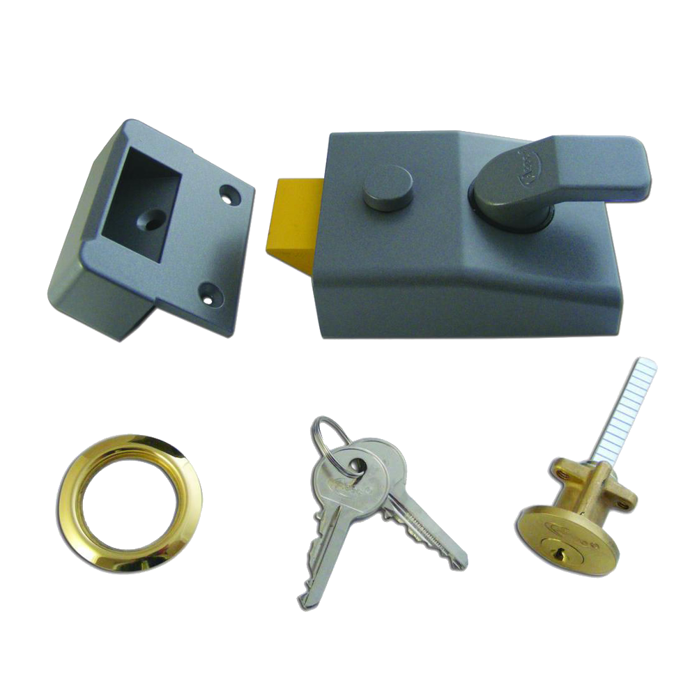 ASEC AS14 & AS18 Non-Deadlocking Nightlatch 60mm Case Cyl - Dull Metal Grey Case & Polished Brass Cylinder