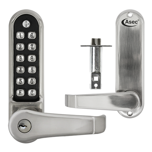 ASEC AS4300 Series Lever Operated Easy Code Change Digital Lock With Key Override & Optional Free Passage AS4309 - Stainless Steel