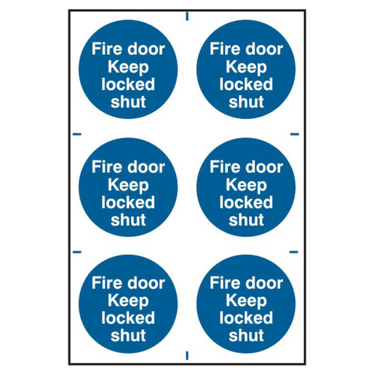 ASEC Fire Door Keep Locked Shut 200mm x 300mm PVC Self Adhesive Sign 6 Per Sheet - Blue & White