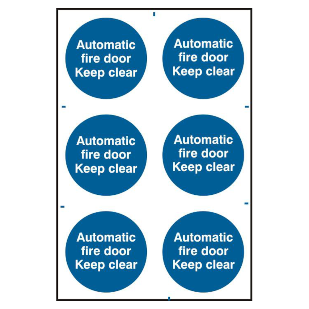 ASEC Automatic Fire Door Keep Clear 200mm x 300mm PVC Self Adhesive Sign 6 Per Sheet - Blue & White