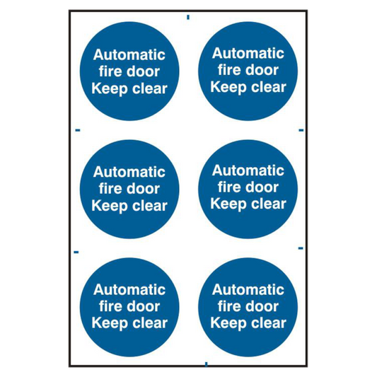 ASEC Automatic Fire Door Keep Clear 200mm x 300mm PVC Self Adhesive Sign 6 Per Sheet - Blue & White