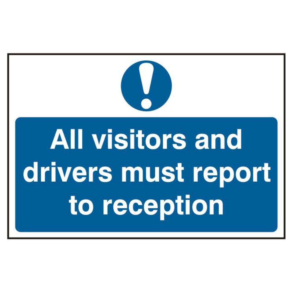 ASEC All Visitors and Drivers Must Report To Reception 200mm x 300mm PVC Self Adhesive Sign 1 Per Sheet - Blue & White