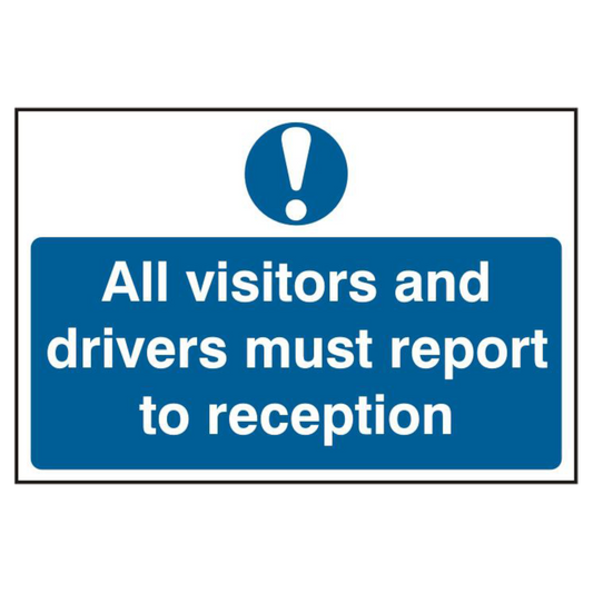ASEC All Visitors and Drivers Must Report To Reception 200mm x 300mm PVC Self Adhesive Sign 1 Per Sheet - Blue & White