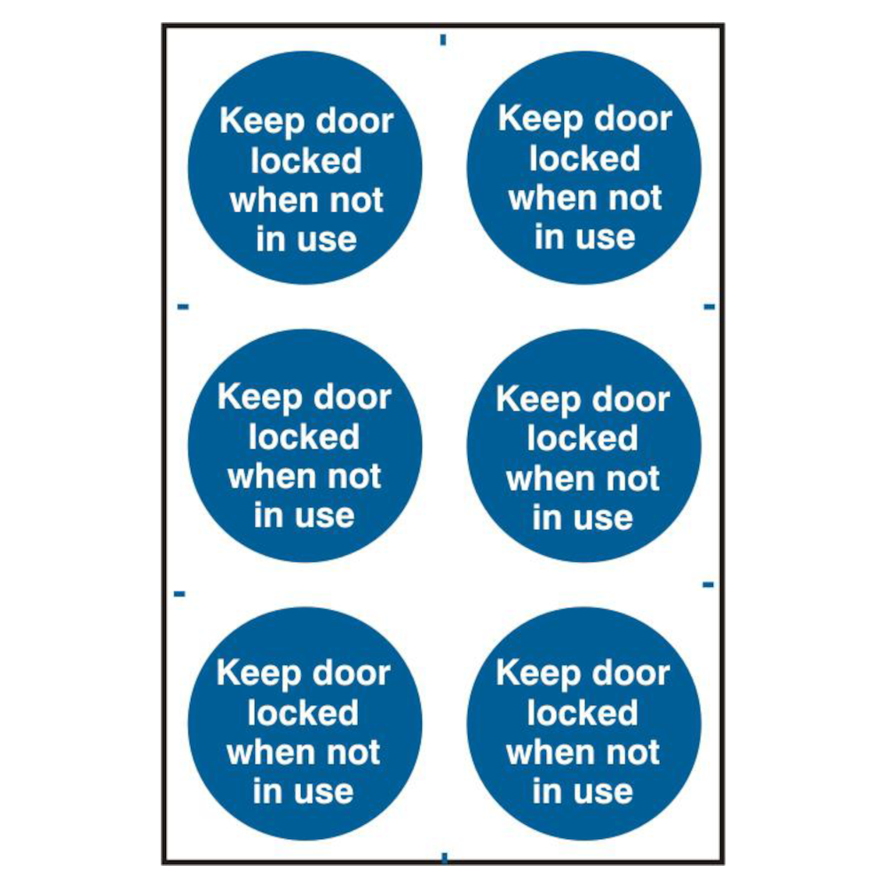 ASEC Keep Door Locked When Not In Use 200mm x 300mm PVC Self Adhesive Sign 6 Per Sheet - Blue & White
