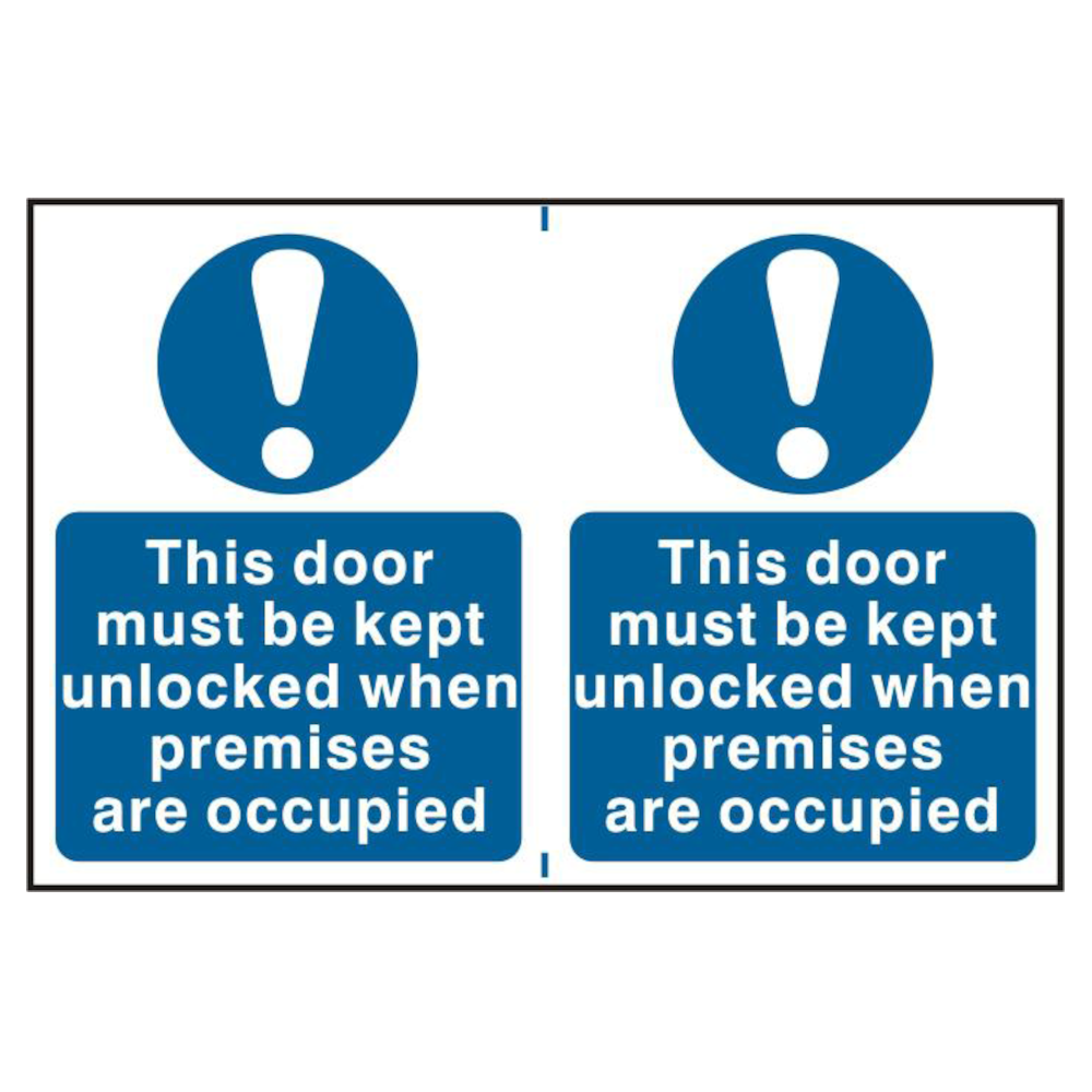 ASEC This Door Must Be Kept Unlocked When Premises Are Occupied 200mm x 300mm PVC Self Adhesive Sign 2 Per Sheet - Blue & White