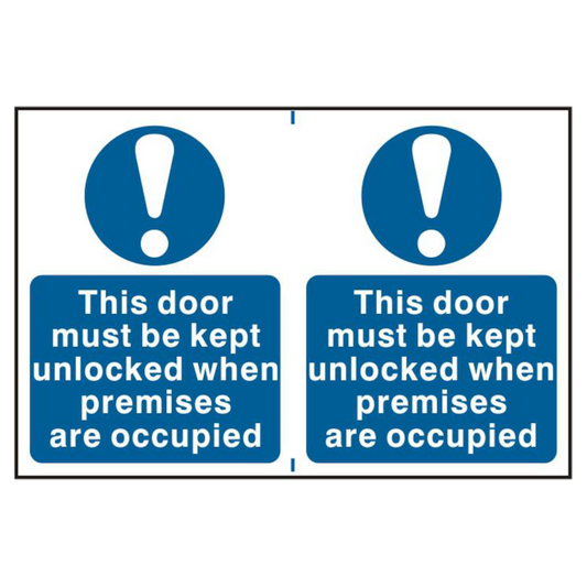 ASEC This Door Must Be Kept Unlocked When Premises Are Occupied 200mm x 300mm PVC Self Adhesive Sign 2 Per Sheet - Blue & White