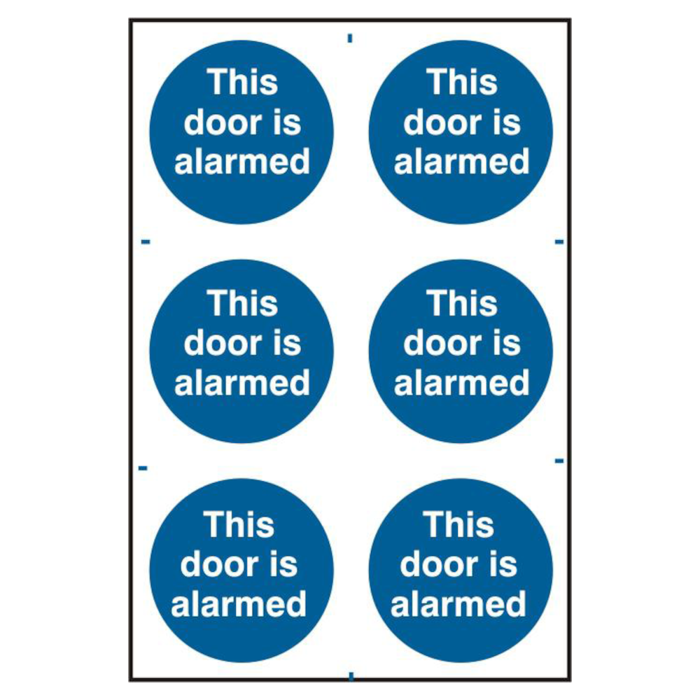 ASEC This Door Is Alarmed 200mm x 300mm PVC Self Adhesive Sign 6 Per Sheet - Blue & White