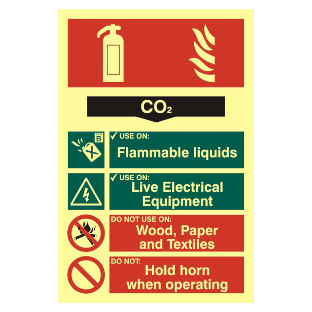 ASEC Fire Extinguisher 200mm x 300mm PVC Self Adhesive Photo luminescent Sign CO2 - Photoluminescent
