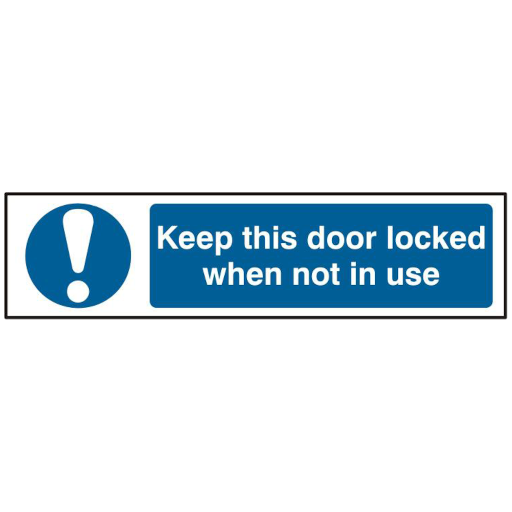 ASEC Keep This Door Locked When Not In Use 200mm x 50mm Self Adhesive Sign 1 Per Sheet - Blue & White