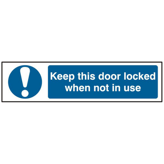 ASEC Keep This Door Locked When Not In Use 200mm x 50mm Self Adhesive Sign 1 Per Sheet - Blue & White