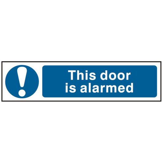 ASEC This Door Is Alarmed 200mm x 50mm PVC Self Adhesive Sign 1 Per Sheet - Blue & White